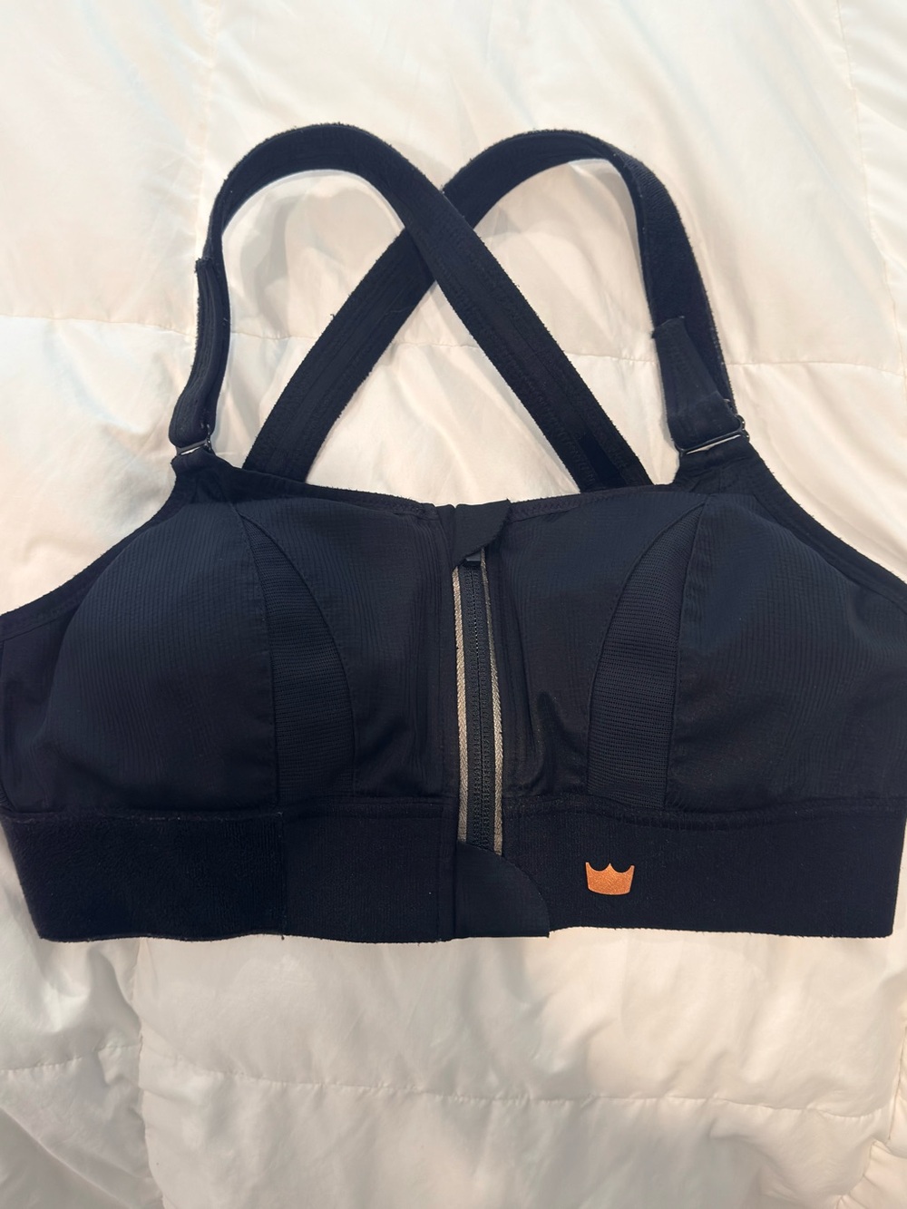 SHEFIT Black High-Support Front-Zip Sports Bra with Orange Logo
